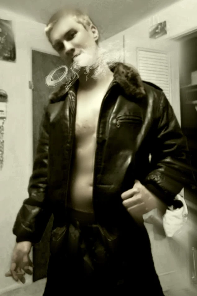 Oregonleatherboy shirtless in WW2 bomber jacket while smoking a cigar chilling standing superior for adults over 18 years only 12/17