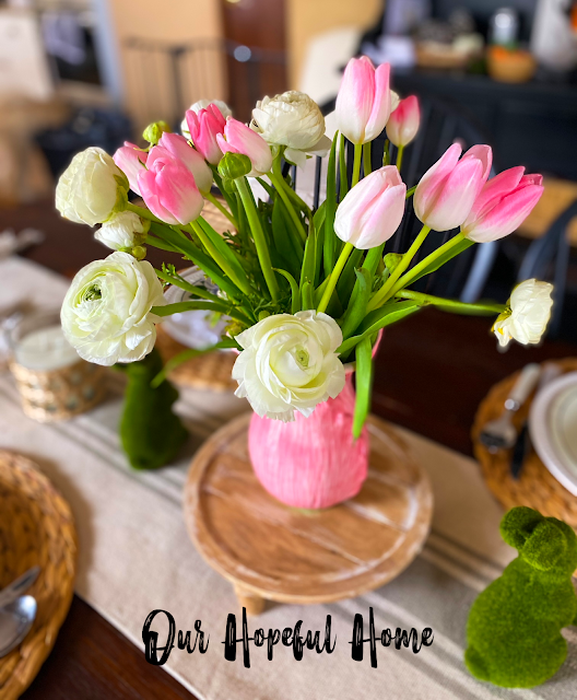 pink tulips white ranunculus pink vase DIY wood riser