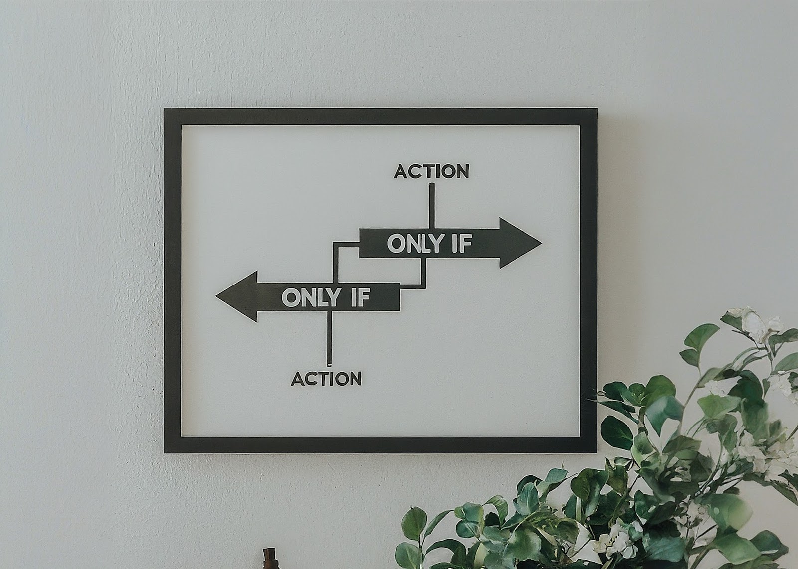 「only if」と書かれた二つの左右に向いた矢印とそれぞれの上と下に「action」と一つずつ書かれたパネルが壁にかかっている