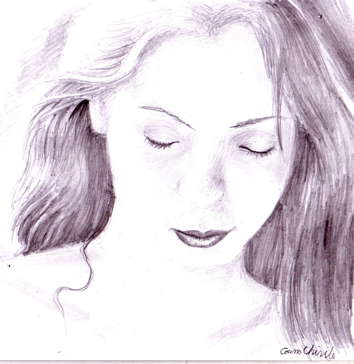 Grafica si pictura de Corina Chirila: Portret de fata cu ochii inchisi, desen in creion