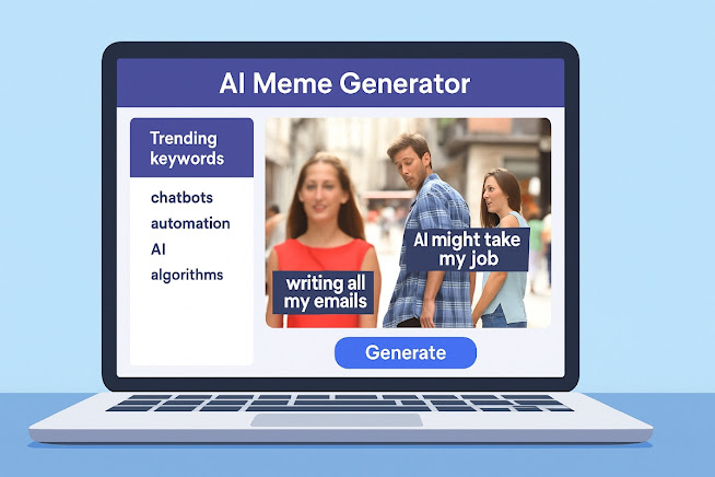 AI meme generator interface on a laptop screen creating a Distracted Boyfriend meme with trending keywords sidebar