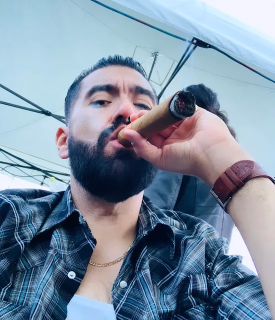 Bearded wearing blue and white flannel with a cigar in his mouth looking downward Superior POV