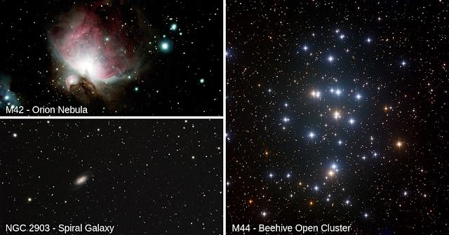 M42 - The Orion Nebula imaged on ATEO-2A by Kasey G. and Haylee L., NGC 2903 - Spiral Galaxy imaged on ATEO-2A by Julianna S. and Lily H. and M44 - The Beehive Open Cluster imaged on ATEO-1 by Faith N. and Oliver E. from Mrs. Cavicchi's 5th-grade science classes.