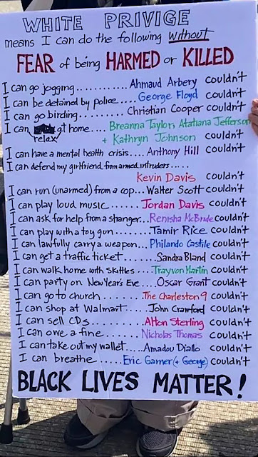 A person holds a poster that lists all kinds of things people weren't safely able to do "while black."