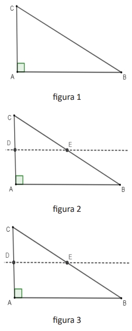 Seja ABC um triângulo retângulo no vértice A (Figura 1). Pelo ponto médio D do lado AC, passou-se uma reta paralela ao lado AB