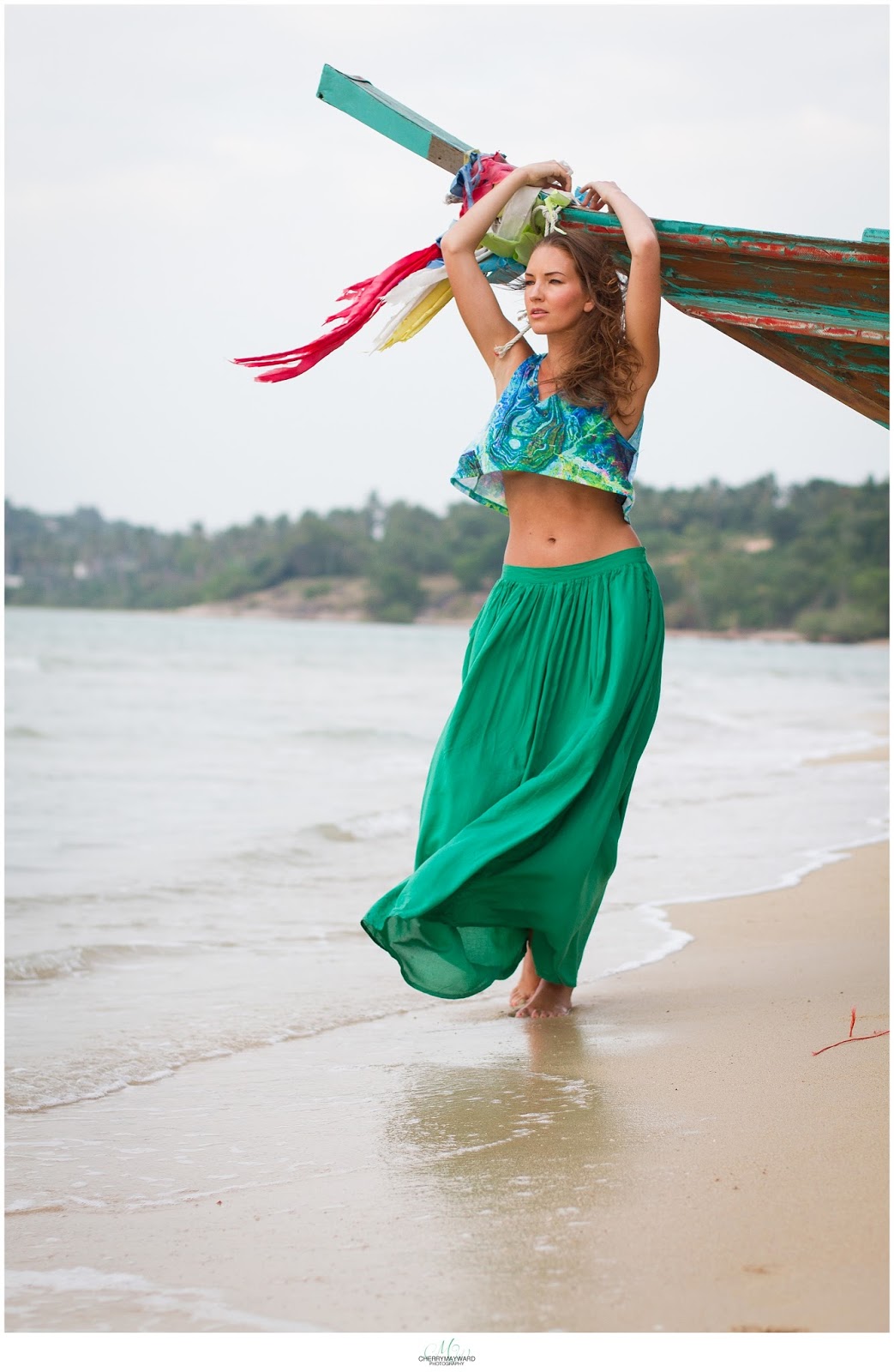 Koh Samui photoshoot with fishermans boat, model, UK model in Thailand, fun, happy, model on the beach