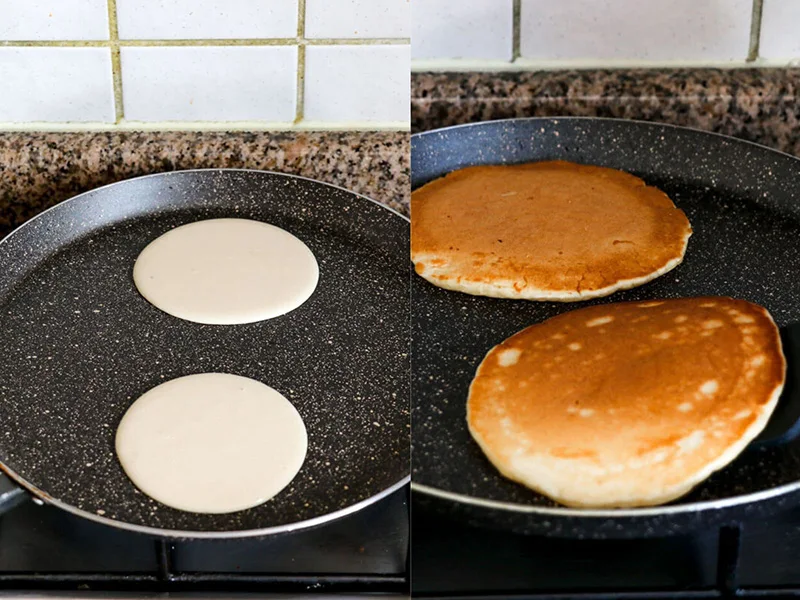 Two images of frying cassava pancakes on a griddle.