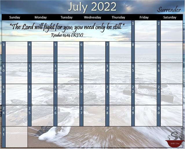 Background shows an ocean shore; Calendar in gray-blue and black tones.
