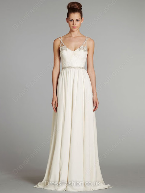  Sweep Train V-neck White Chiffon Beading Open Back Wedding Dress 