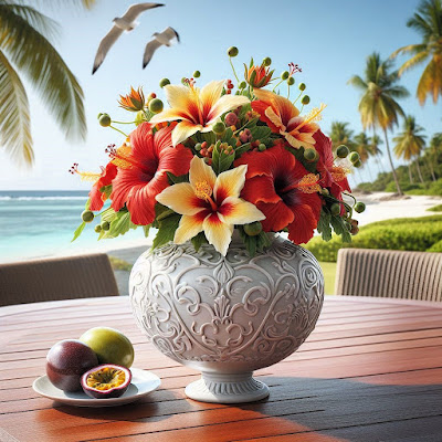 Hibiscus arrangement in white ornate vase with tropic sea background.