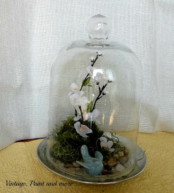 Spring in a Cloche - little bluebird and faux flower Spring vignette