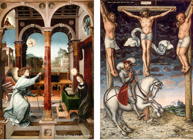 Anunciação (1508), de Alejo Fernandez, e o Calvário (1538), de Lucas Cranach, no Museu de Belas Artes de Sevilha