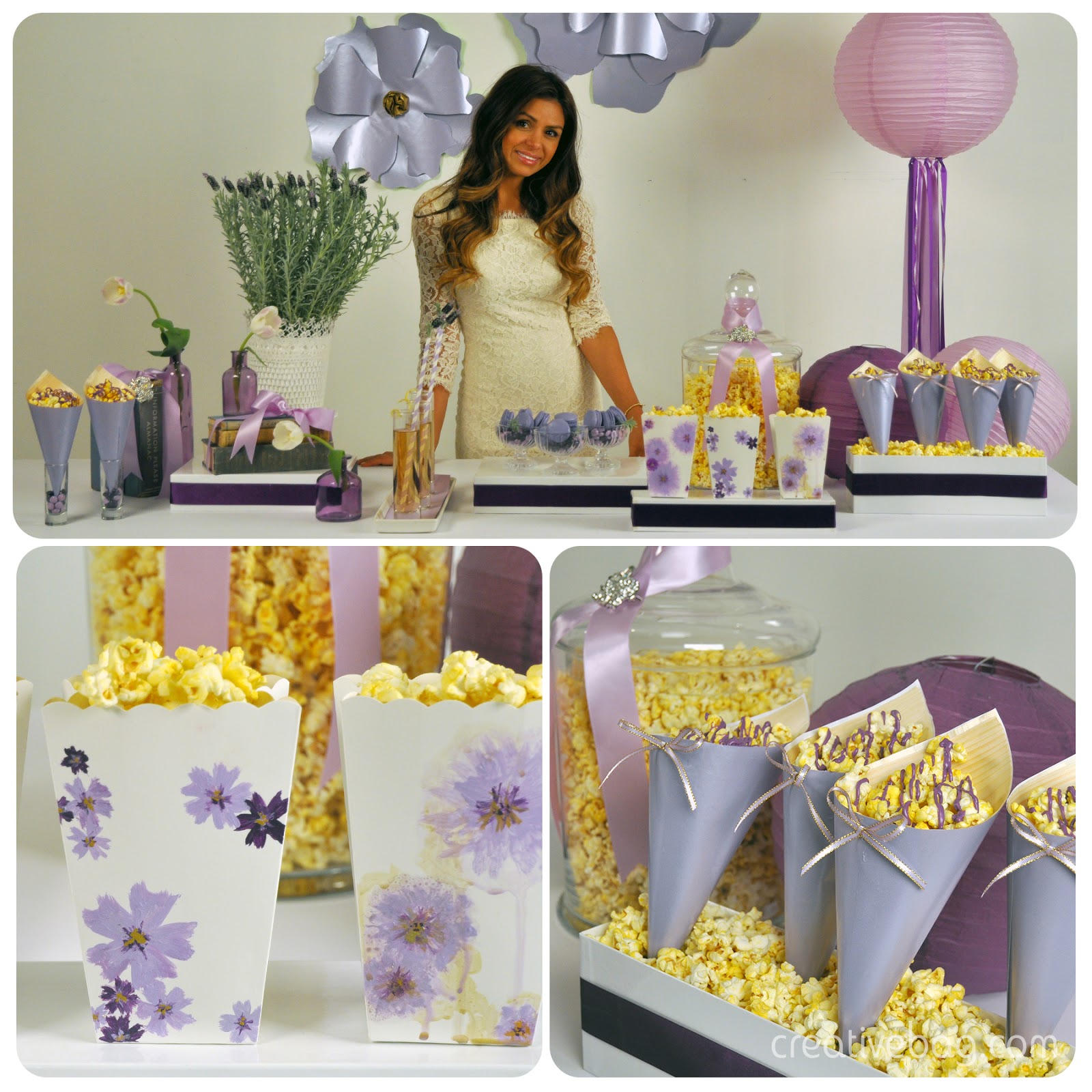 popcorn sweet table on YouTube - pretty grown up lavender theme