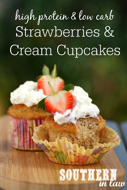 Healthy Strawberries & Cream Protein Cupcakes Recipe  healthy strawberry shortcake cupcakes, low fat, gluten free, high protein, low carb, refined sugar free, clean eating friendly