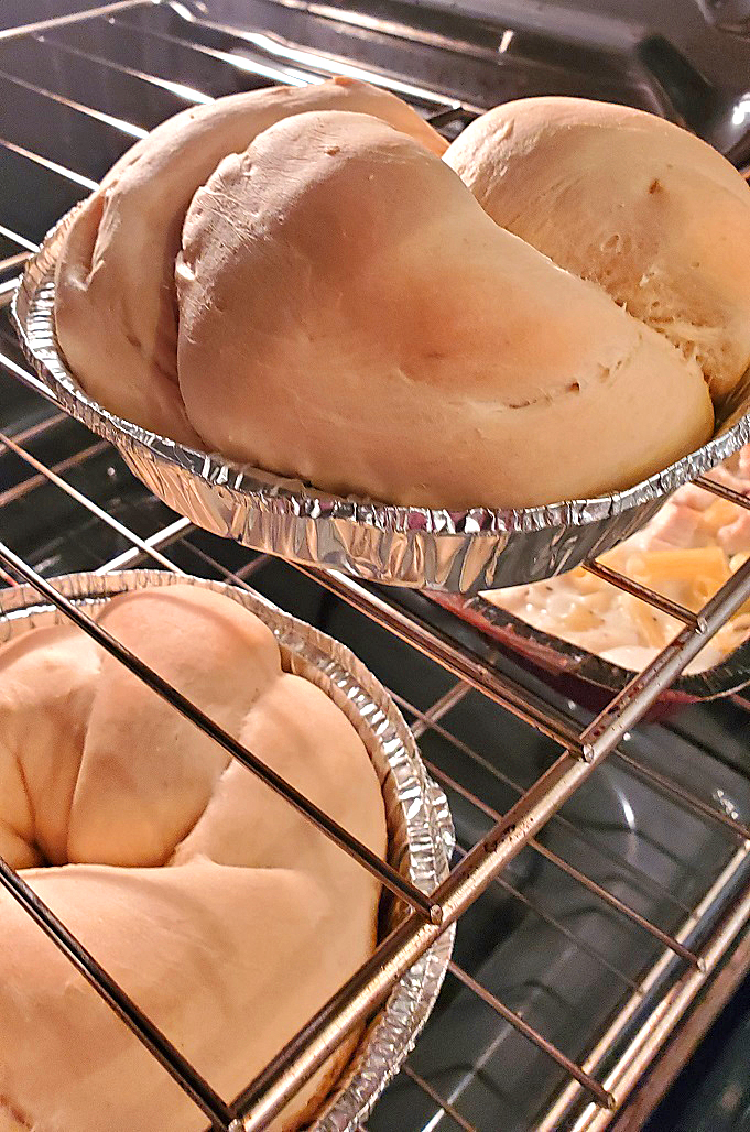 this is Italian Easter bread baking in the oven there are 4 loaves