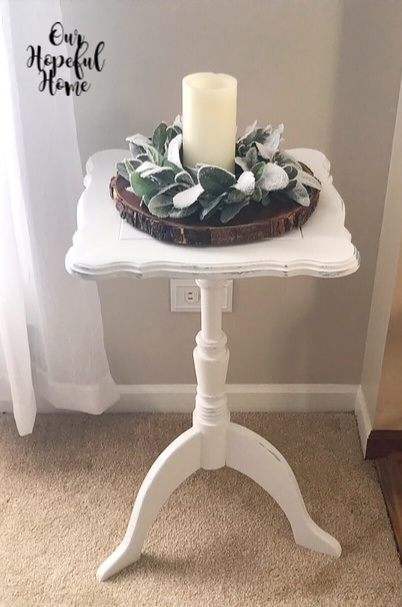 linen white chalk paint square side table wood slice LED candle