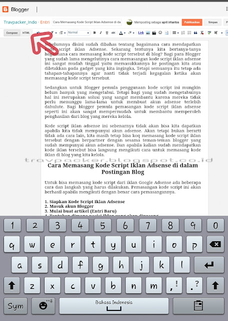 Cara memasang kode script ikaln adsense di dalam postingan, cara memasang iklan di blog, cara menempatkan iklan di blog