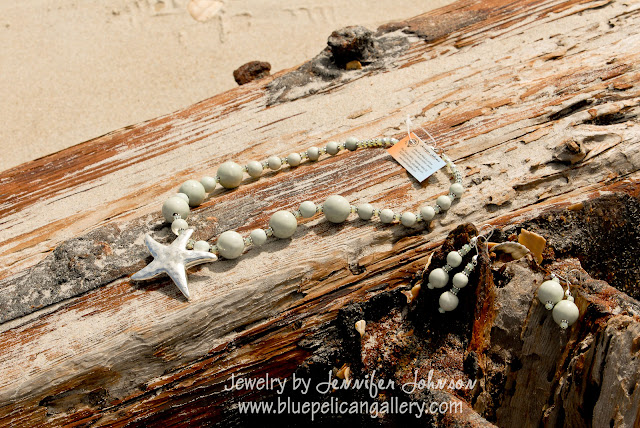 Mint Porcelain Beads with Silver Metal Starfish Pendant Handmade Jewelry Design Idea by Jennifer Johnson, Blue Pelican Gallery, Hatteras NC