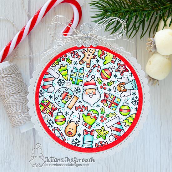 Christmas Ornament shaped card by Tatiana Trafimovich | Christmas Roundabout Stamp Set, Circle Frames Die Set, and Ornament Shaker Die Set by Newton's Nook Designs #newtonsnook #handmade