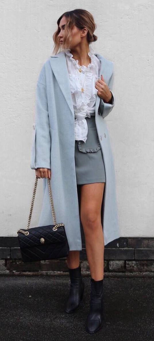fashion trends: coat + blouse + skirt + bag + boots