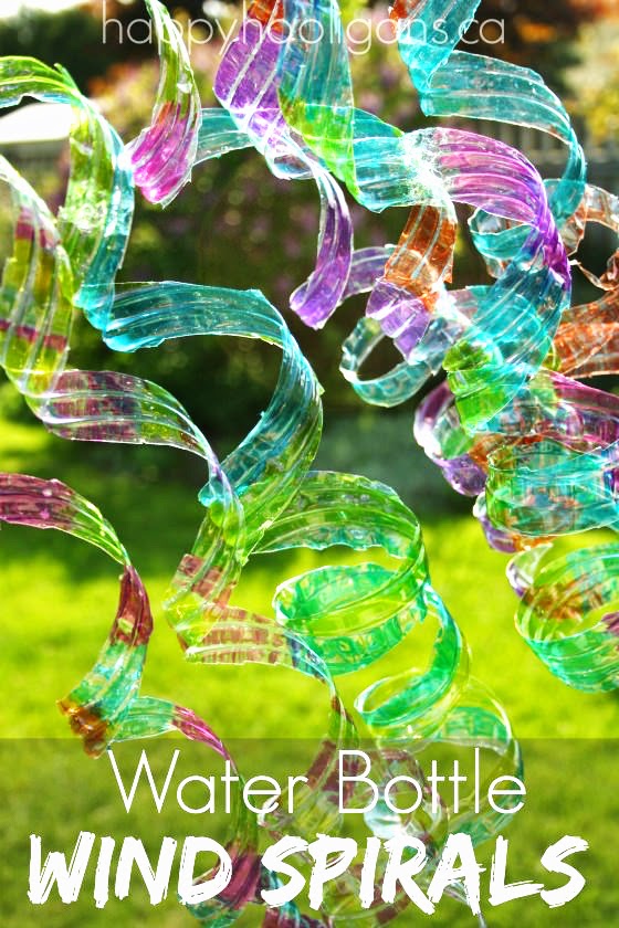 Water Bottle Wind Spirals - Brightly colored wind spirals made from water bottles