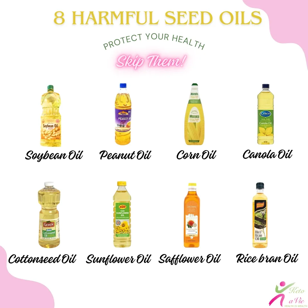 An image showcasing various cooking oils with text that reads ‘8 Harmful Seed Oils: Protect Your Health, Skip Them!’ The illustration depicts different bottles representing damaging seed oils, emphasizing the importance of avoiding them for better health.