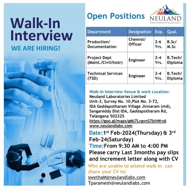 Neuland Laboratories | Walk-in interview for Multiple Departments on 1st to 3rd Feb 2024
