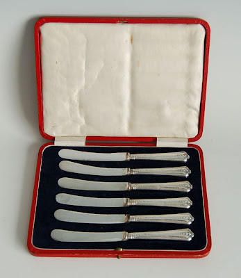 cased set of 6 Art Nouveau HM silver handled butter knives, Sheffield 1916