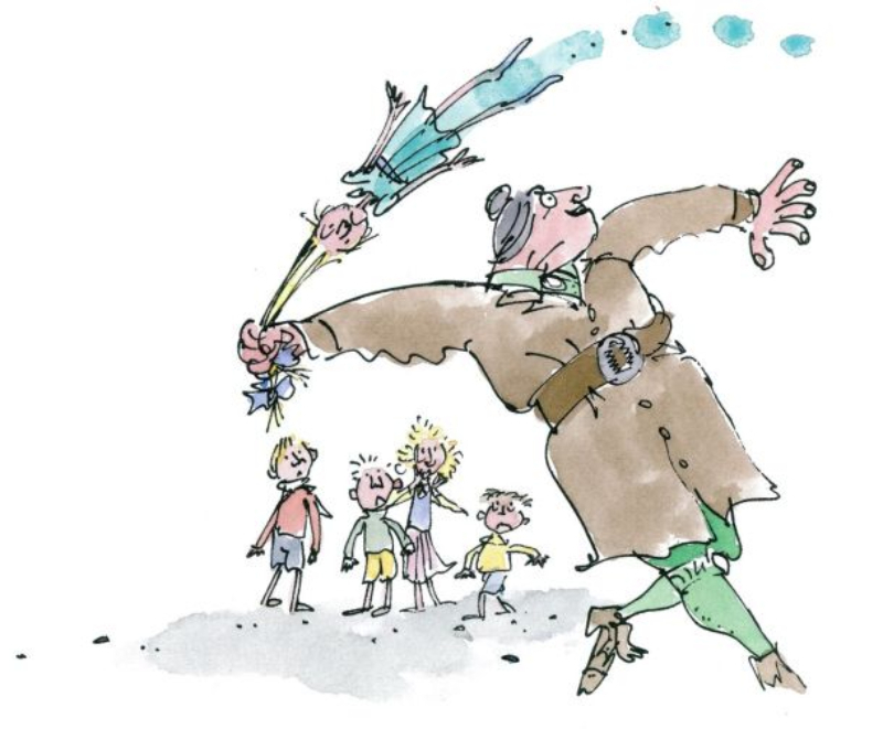 Ilustración de Matilda de Roald Dahl por Quentin Blake, Trunchbull lanza a una niña como si fuera un martillo