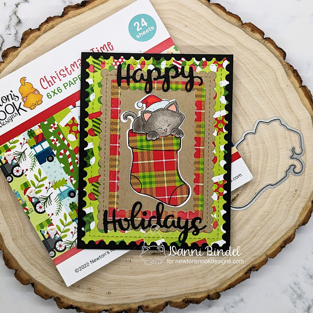 Happy Holidays by Danni features Newton's Stocking, Christmas Time, Holiday Greetings, and Framework by Newton's Nook Designs; #inkypaws, #newtonsnook, #holidaycards, #catcards, #christmascards, #cardmaking, #cardchallenge