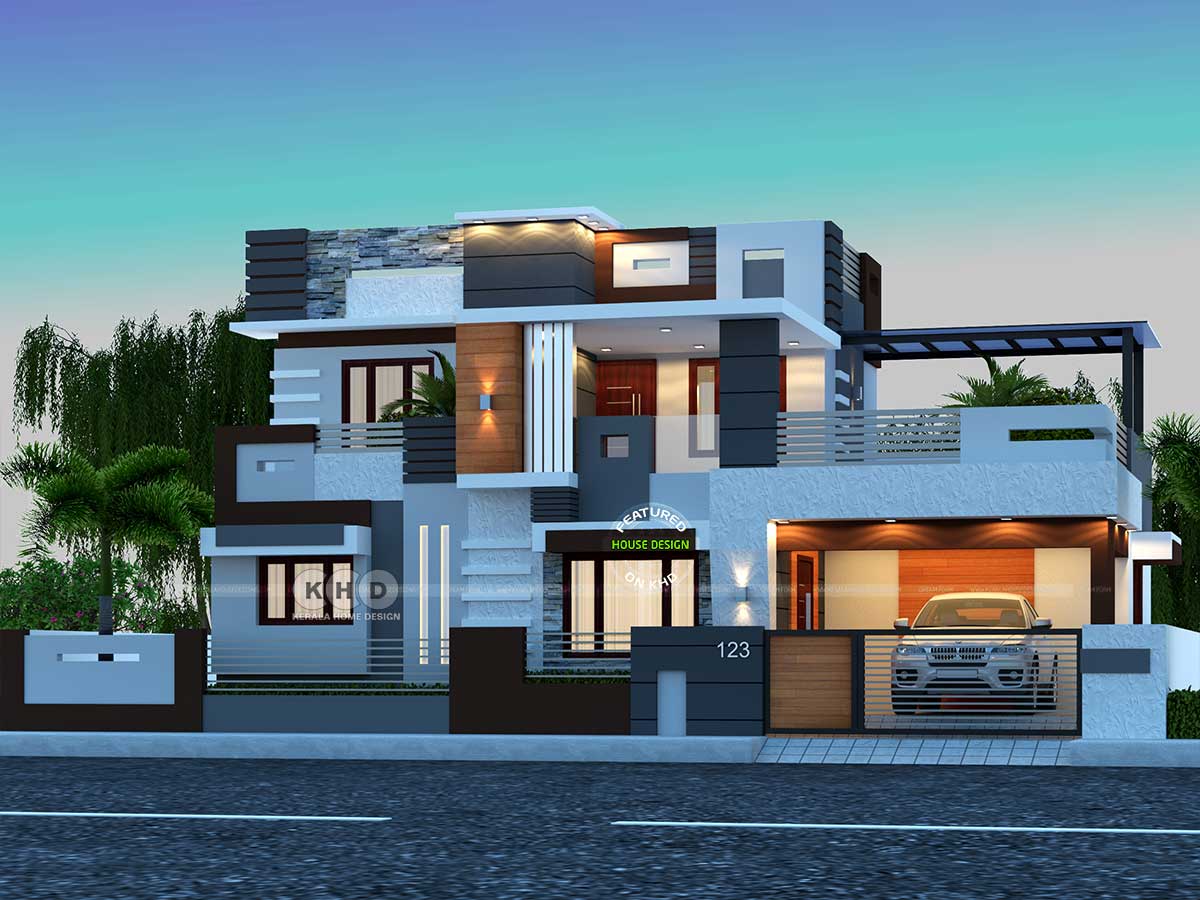 Exterior view of the 1970 Sq.Ft. Cute Decorative Flat Roof House Design