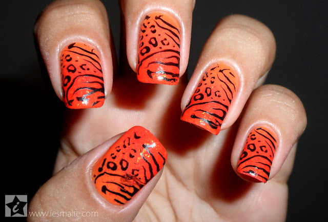 Unha Decorada - Gradiente Laranja + Animal Print