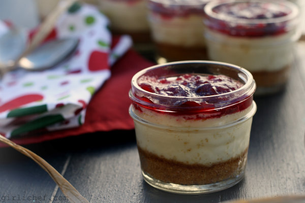 Orange White Chocolate Cheesecakes w/ Cranberry Sauce {DessertsInJars}  All Roads Lead to the 