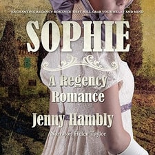 SOPHIE: A Regency Romance audiobook cover. A woman in a white dress and bonnet trimmed with lilac ribbon faces away from the viewer, with an Italian villa in the background.