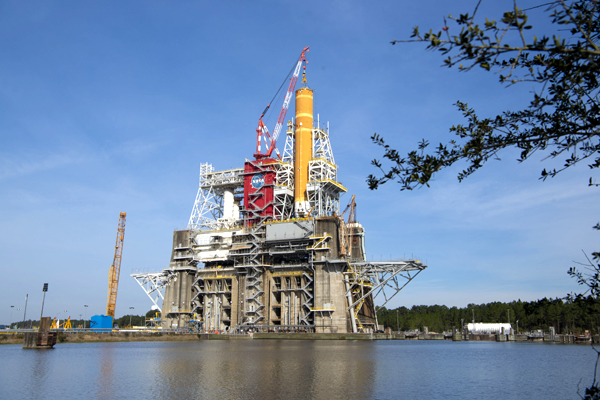 The Space Launch System's core stage booster is installed atop the B-2 Test Stand at NASA's Stennis Space Center in Bay St. Louis, Mississippi...back in early January of 2020.