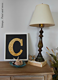 Vintage, Paint and more.... DIY monogram wall art from thumb tacks, rustic lamp, seashells