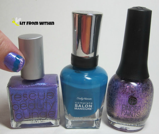 Bottle shot:  Rescue Beauty Lounge Galaxsea, Sally Hansen Salon Please Sea Me, and Finger Paints Violaceous Vase.