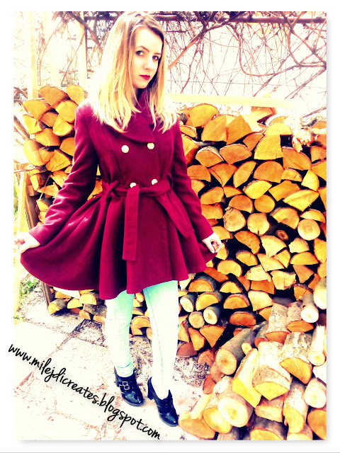 Burgundowy płaszczyk wiosenny z koła ze złotymi guzikami DIY // Spring burgundy coat with golden buttons Szycie ubrań