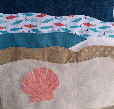 qal by the sea, partners in design, patchwork, applique, pretty piney, costura, couture, sewing, block 1, shells