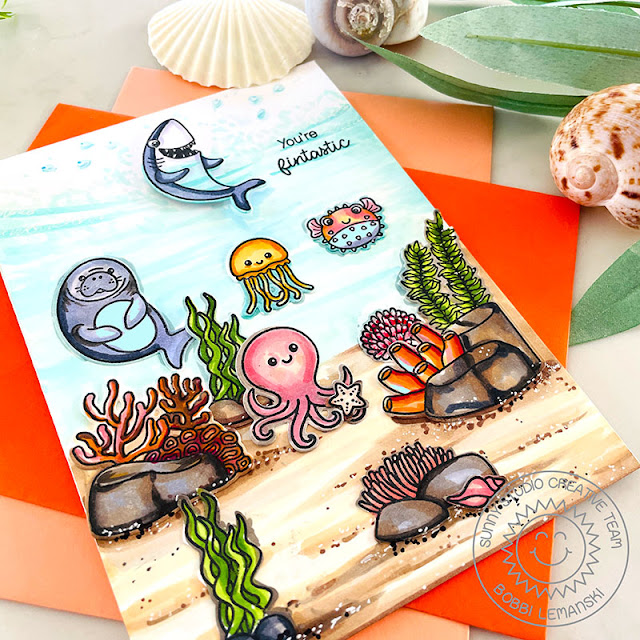 Sunny Studio Stamps: Fintastic Friends Ocean Themed Card by Bobbi Lemanski (featuring Ocean View)