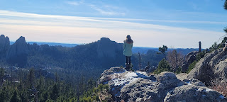 a woman's silhouette as she stands on a rocky outcropping facing a pine forest and distant, bare mountain peak