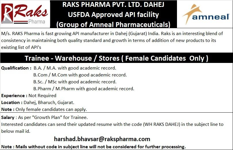 Job Availables,RAKS Pharma Job Vacancy For B.Pharm/ M.Pharm/ BSc/ MSc/ B.Com/ M.Com/ BA/ MA