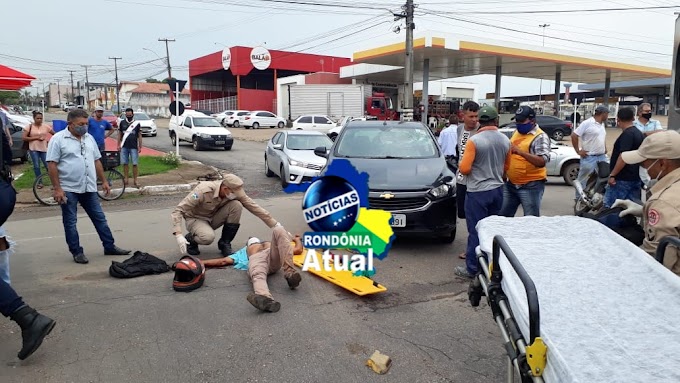 Ji-Paraná – Após colisão em rotatória da Marechal Rondon, motociclista é socorrido ao hospital