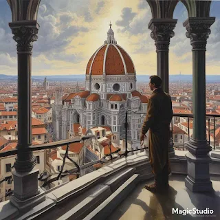 A man in a coat stands on a balcony overlooking Florence's iconic Duomo. The cityscape is bathed in warm light under dramatic clouds, evoking awe.