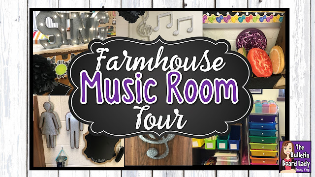 Be inspired by this farmhouse themed music room.  Rustic decor and bold accents help set this music classroom up for optimal learning.  Bulletin boards, flexible seating, organization ideas and more!