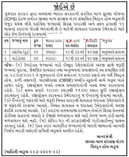 Cook, Guard/Helper Job - ICPS Bharuch Recruitment 2021