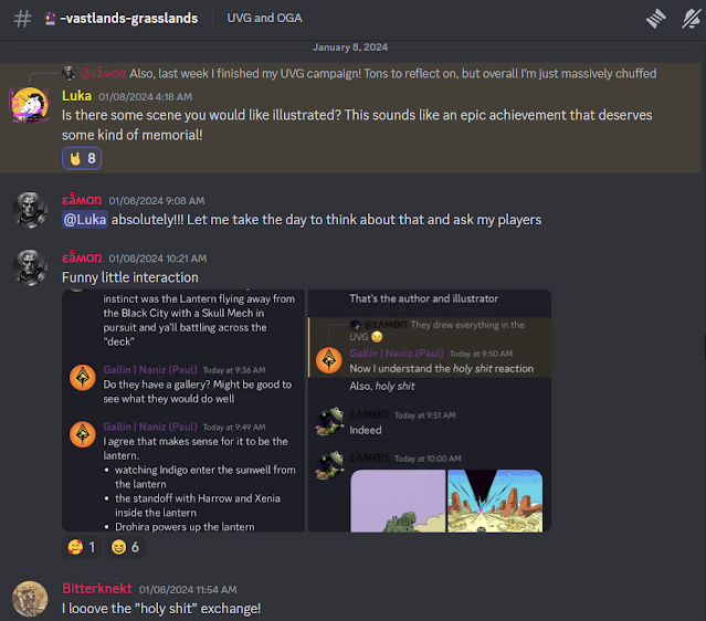 Discord screenshot showing Luka's offer to illustrate a piece and my player's surprise