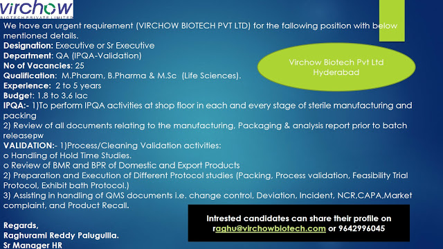 Virchow Biotech | Urgent openings (50) in Production & QA at Hyderabad | Send CV
