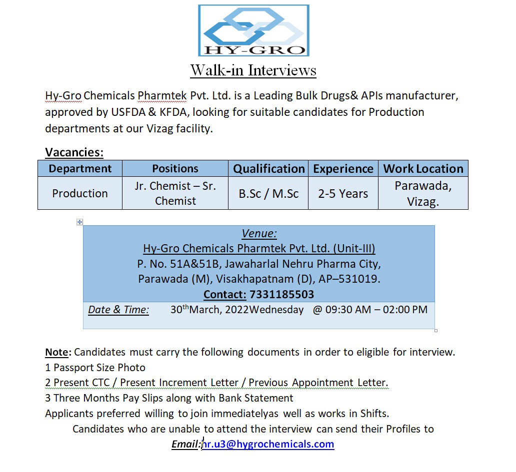 Job Availables,Hy-Gro Chemicals Pharmtek Pvt. Ltd Walk-In-Interview For BSc/ MSc