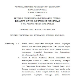 Kementerian Pendidikan dan Kebudayaan Republik Indonesia telah mengeluarkan Permendikbud Nomor 10 Tahun 2020 tentang Juknis Penyaluran Tunjangan Guru PNS Daerah